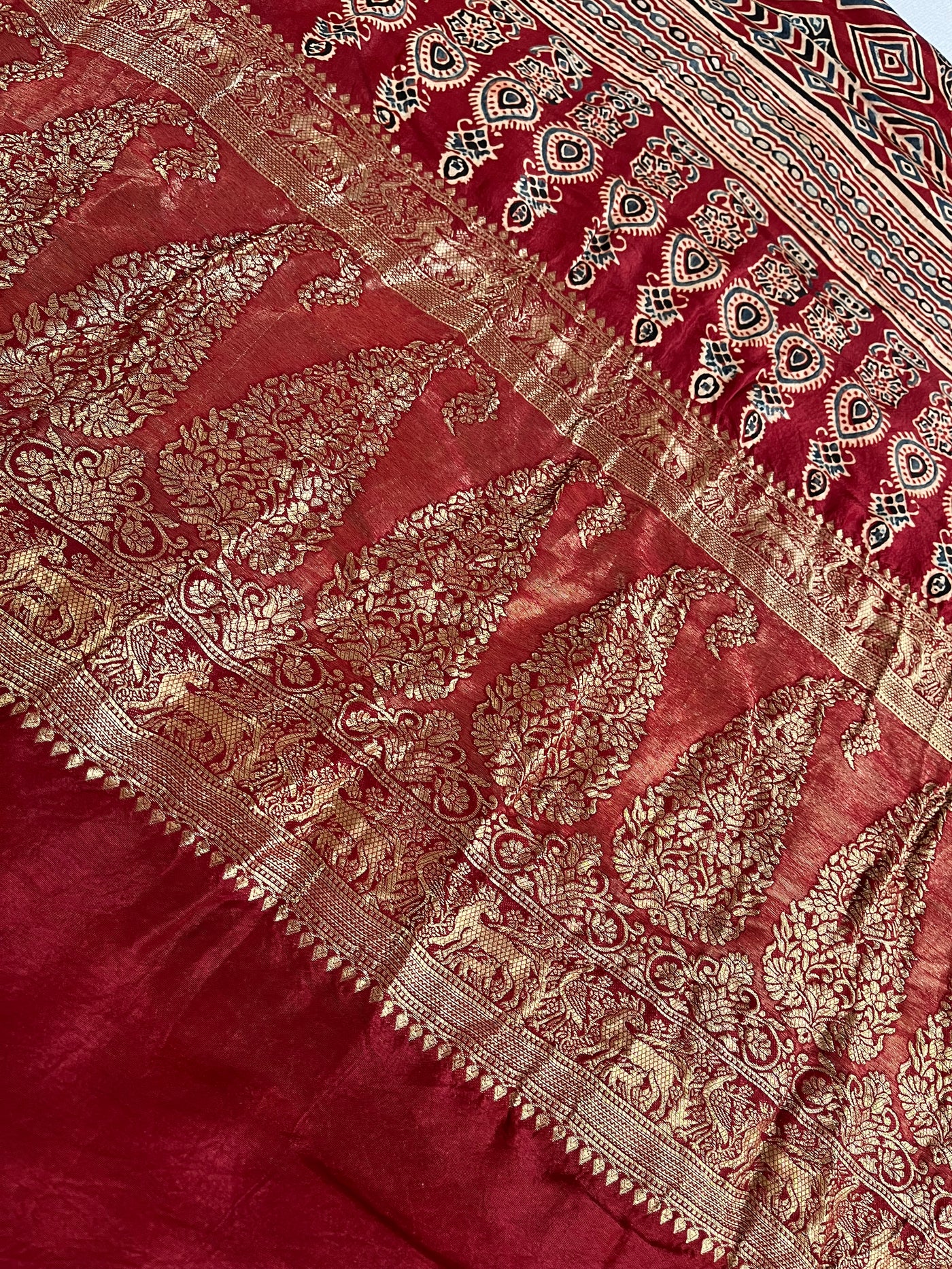 TANYA: Handblock Ajrakh Dola Silk Saree with Meenakari Pallu