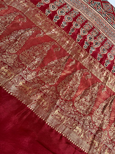 TANYA: Handblock Ajrakh Dola Silk Saree with Meenakari Pallu