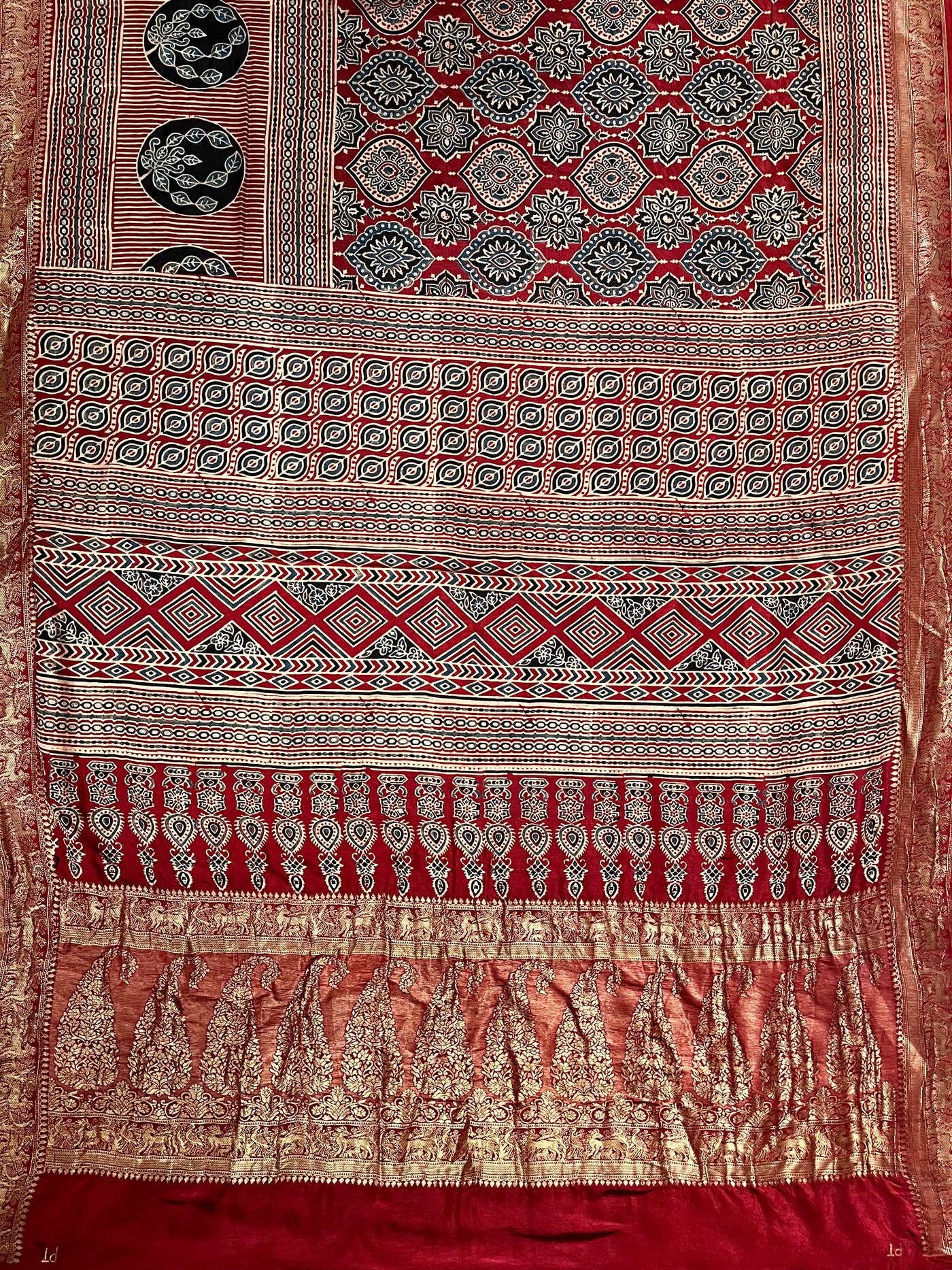 TANYA: Handblock Ajrakh Dola Silk Saree with Meenakari Pallu