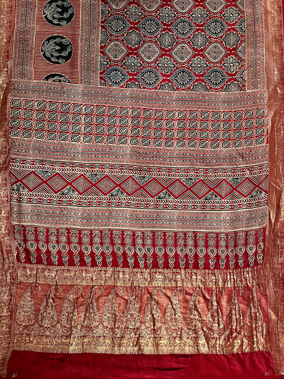 TANYA: Handblock Ajrakh Dola Silk Saree with Meenakari Pallu