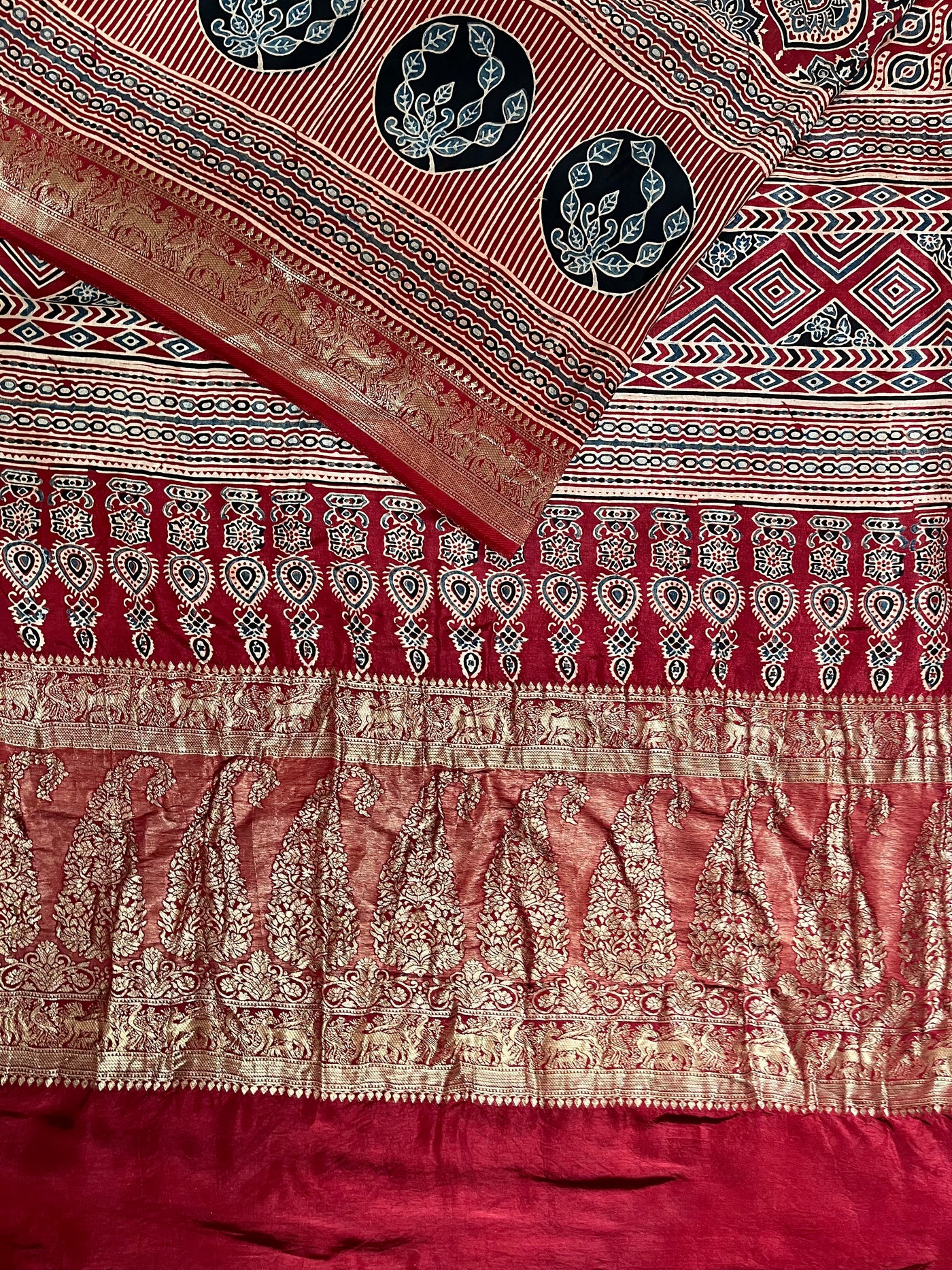 TANYA: Handblock Ajrakh Dola Silk Saree with Meenakari Pallu