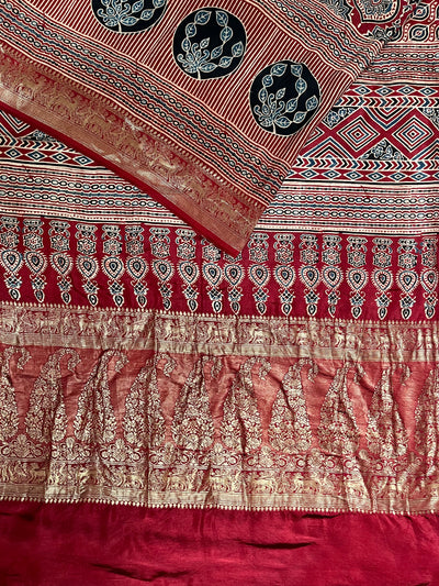 TANYA: Handblock Ajrakh Dola Silk Saree with Meenakari Pallu