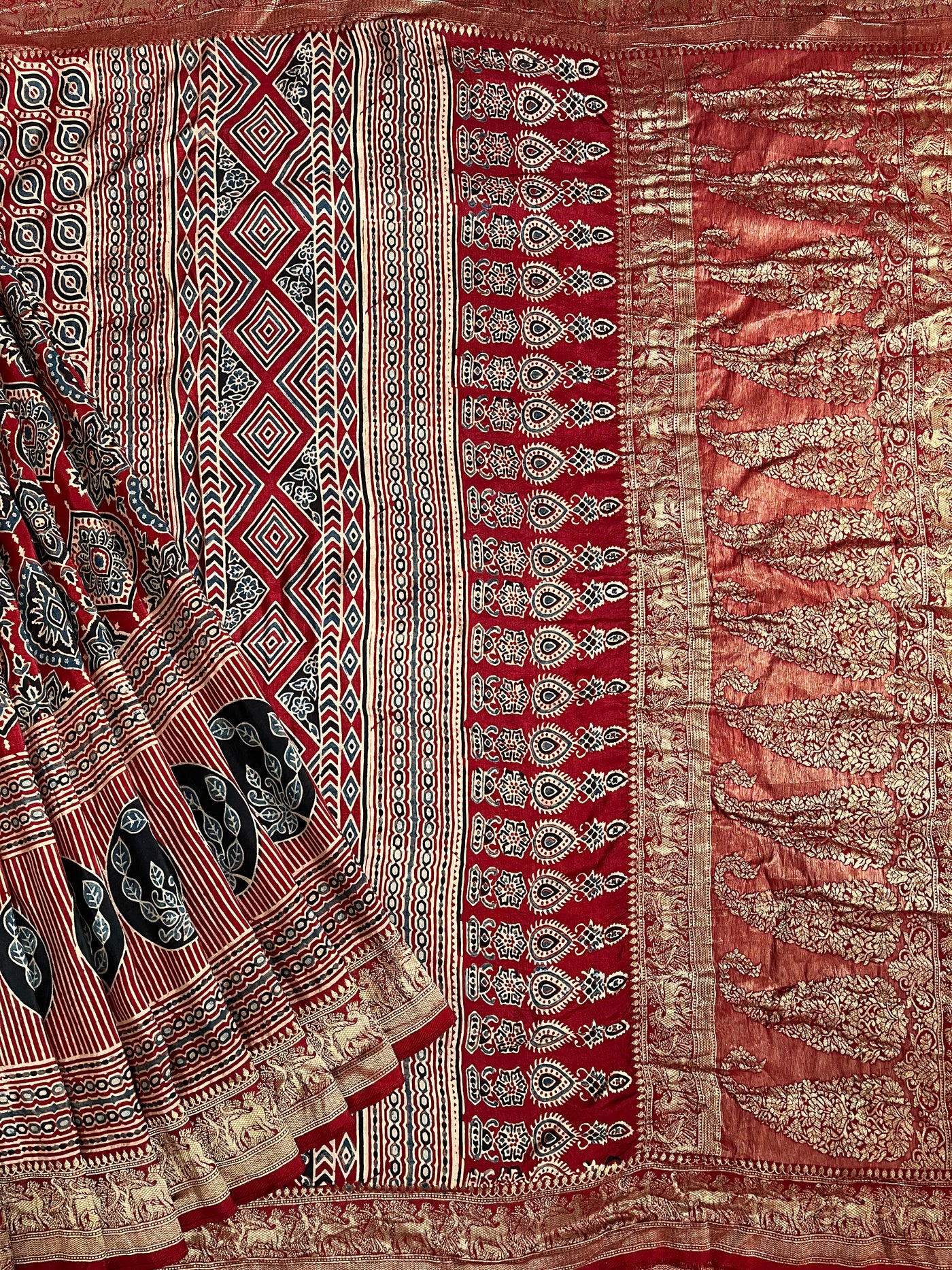 TANYA: Handblock Ajrakh Dola Silk Saree with Meenakari Pallu