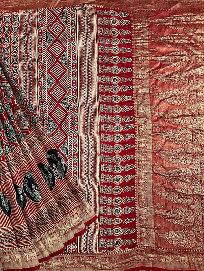 TANYA: Handblock Ajrakh Dola Silk Saree with Meenakari Pallu