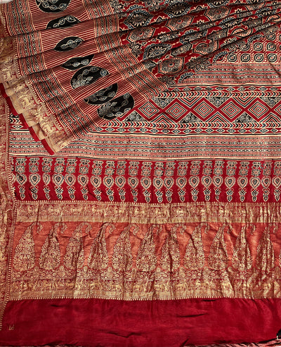 TANYA: Handblock Ajrakh Dola Silk Saree with Meenakari Pallu