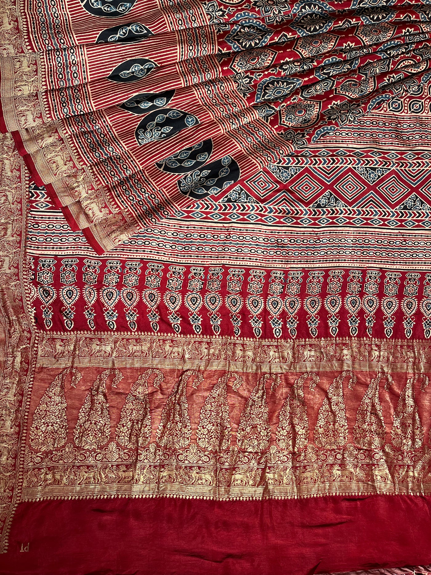 TANYA: Handblock Ajrakh Dola Silk Saree with Meenakari Pallu
