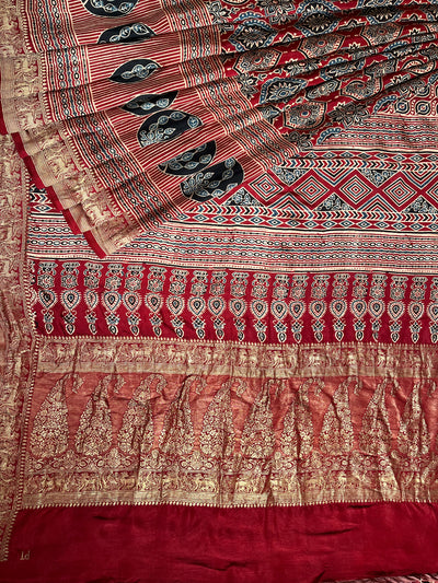 TANYA: Handblock Ajrakh Dola Silk Saree with Meenakari Pallu