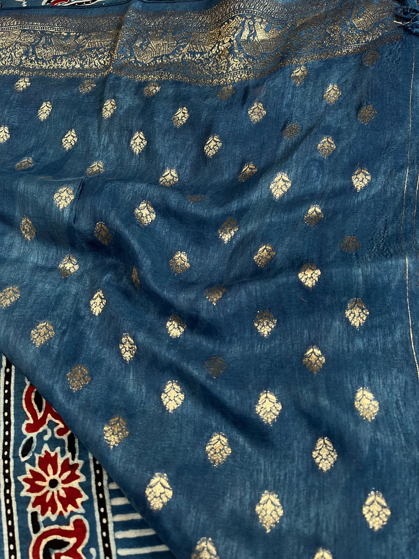 RUCHIKA: Handblock Ajrakh Dola Silk Saree with Meenakari Pallu