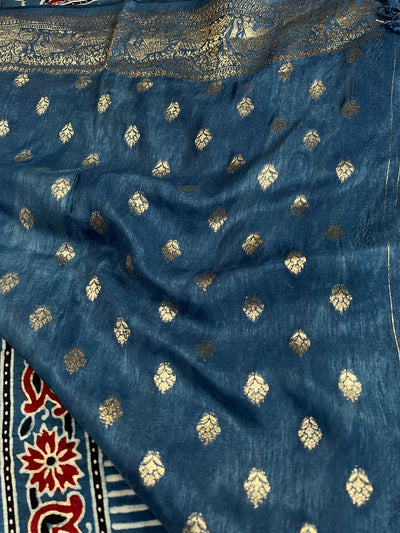 RUCHIKA: Handblock Ajrakh Dola Silk Saree with Meenakari Pallu