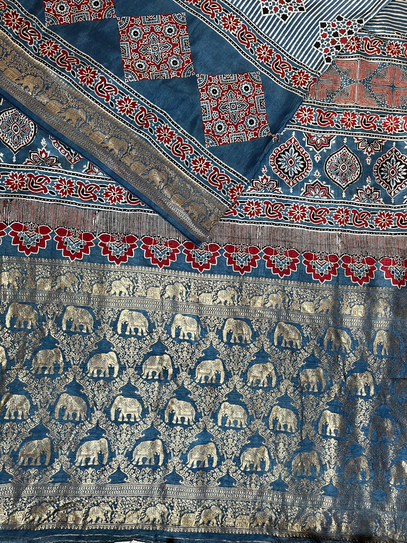 RUCHIKA: Handblock Ajrakh Dola Silk Saree with Meenakari Pallu