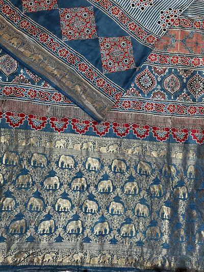 RUCHIKA: Handblock Ajrakh Dola Silk Saree with Meenakari Pallu