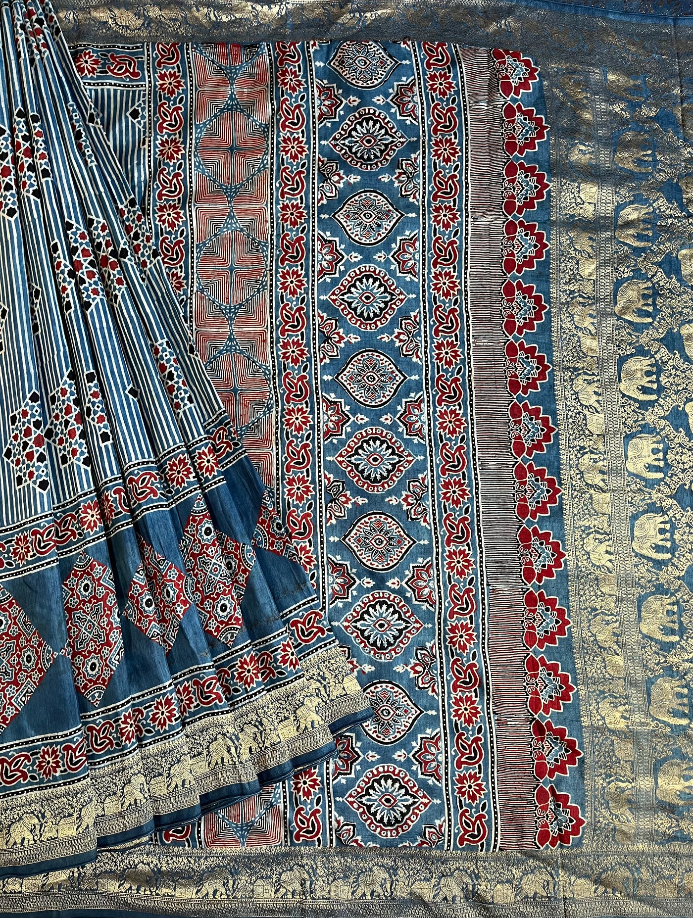 RUCHIKA: Handblock Ajrakh Dola Silk Saree with Meenakari Pallu