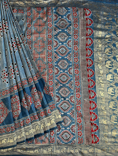 RUCHIKA: Handblock Ajrakh Dola Silk Saree with Meenakari Pallu