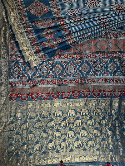RUCHIKA: Handblock Ajrakh Dola Silk Saree with Meenakari Pallu