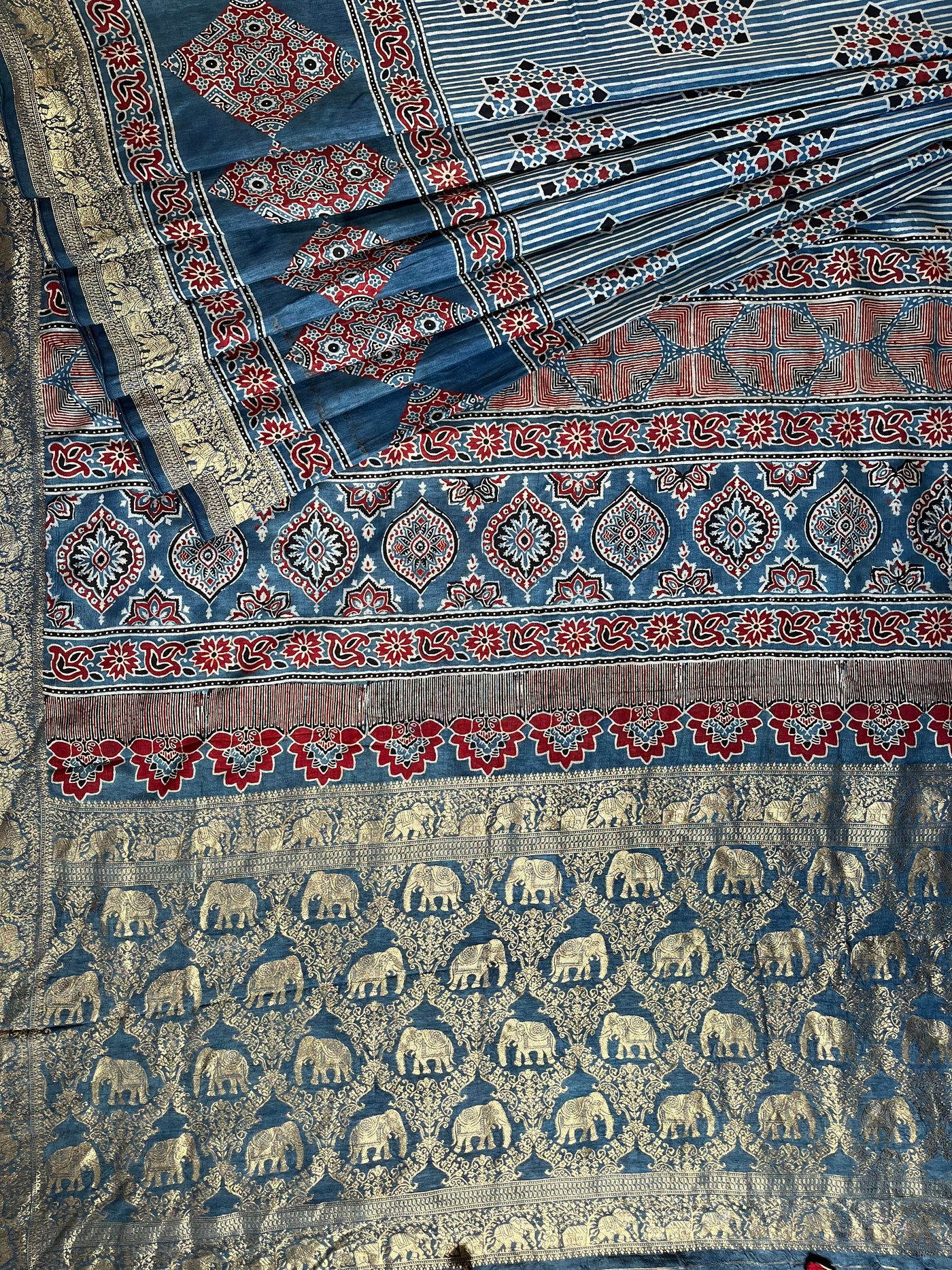 RUCHIKA: Handblock Ajrakh Dola Silk Saree with Meenakari Pallu