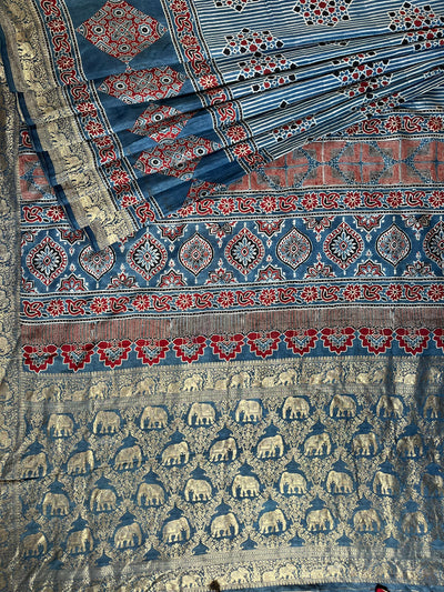 RUCHIKA: Handblock Ajrakh Dola Silk Saree with Meenakari Pallu