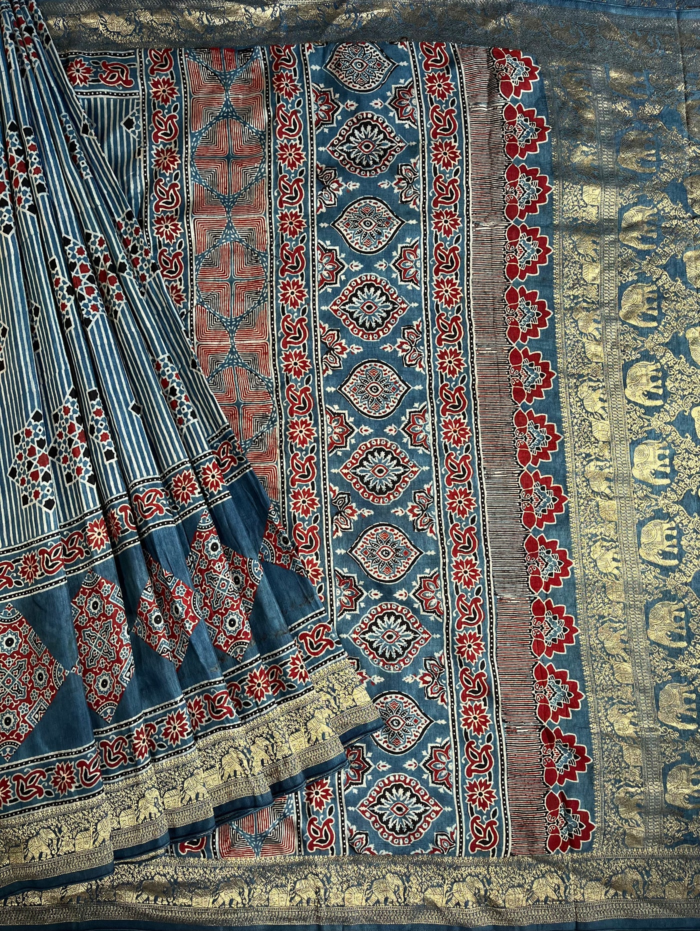 RUCHIKA: Handblock Ajrakh Dola Silk Saree with Meenakari Pallu