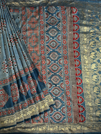 RUCHIKA: Handblock Ajrakh Dola Silk Saree with Meenakari Pallu