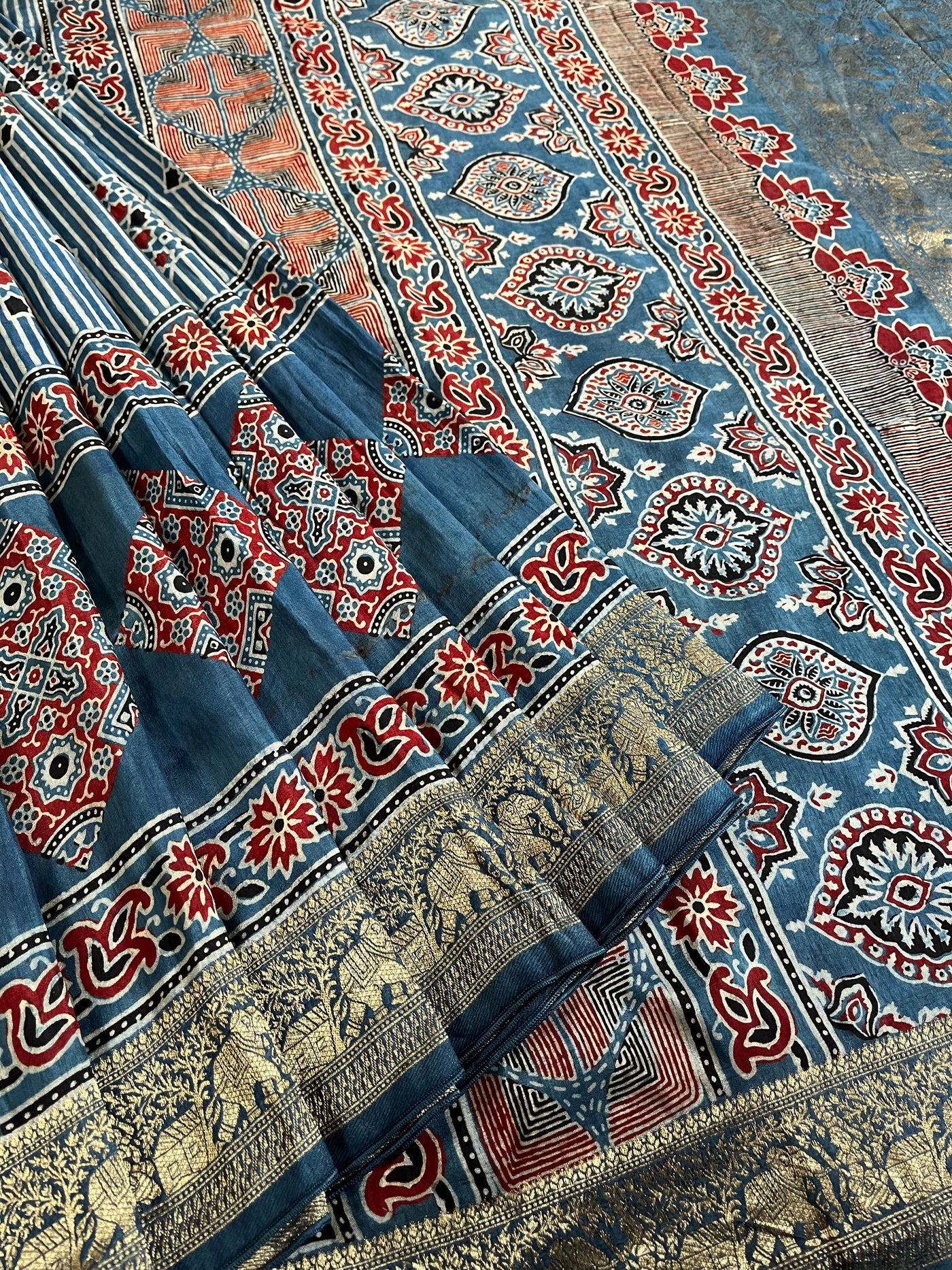 RUCHIKA: Handblock Ajrakh Dola Silk Saree with Meenakari Pallu
