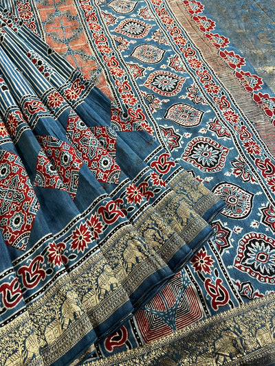 RUCHIKA: Handblock Ajrakh Dola Silk Saree with Meenakari Pallu