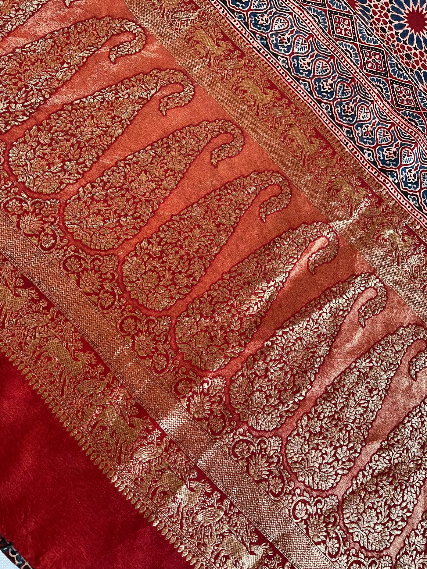 MAIVISH: Handblock Ajrakh Dola Silk Saree with Meenakari Pallu
