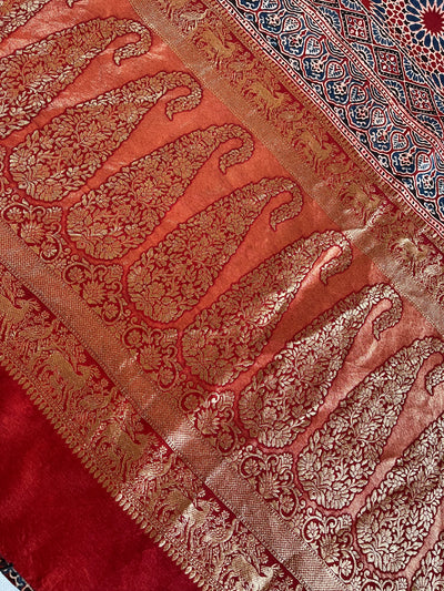 MAIVISH: Handblock Ajrakh Dola Silk Saree with Meenakari Pallu