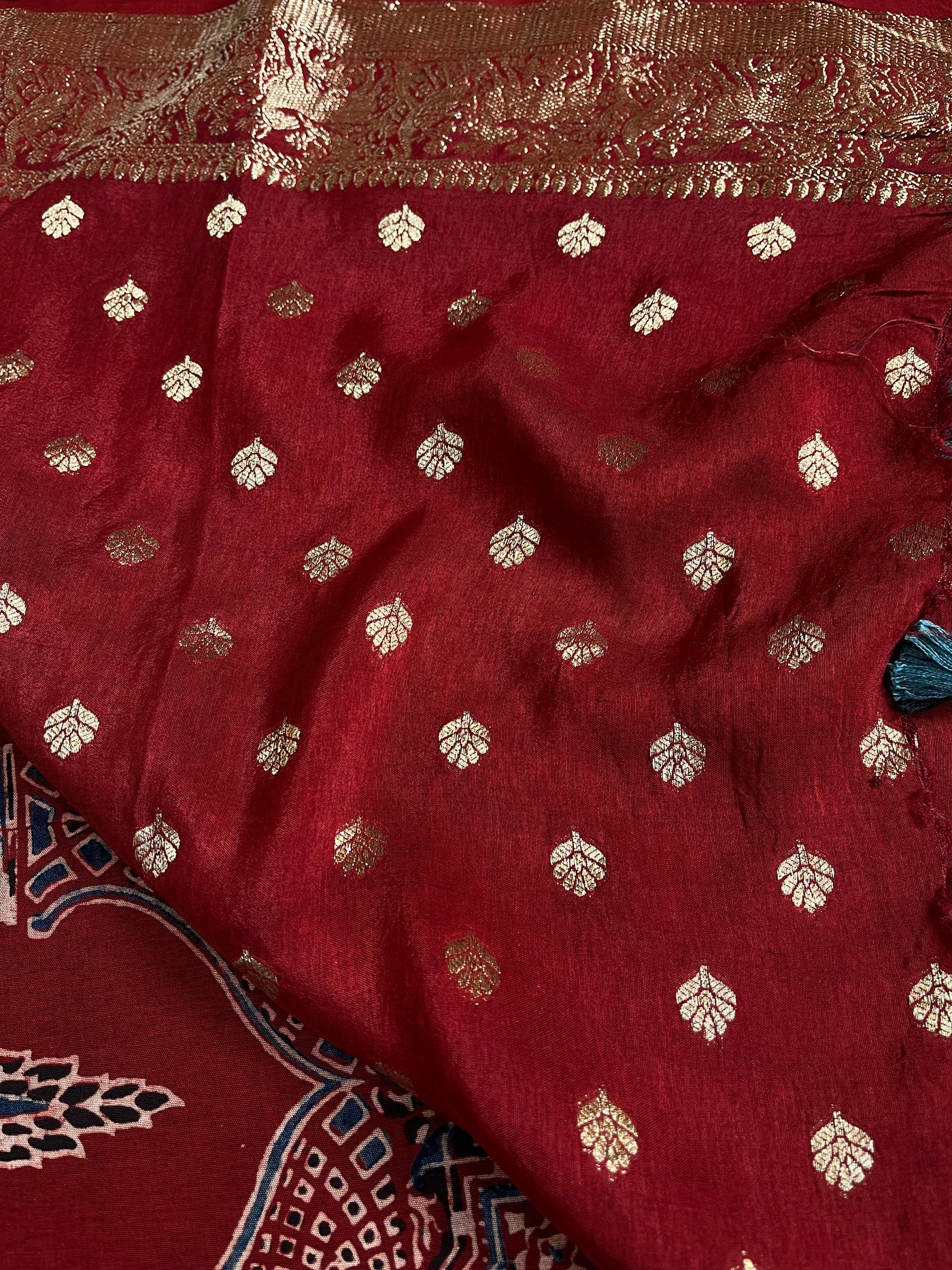 MAIVISH: Handblock Ajrakh Dola Silk Saree with Meenakari Pallu