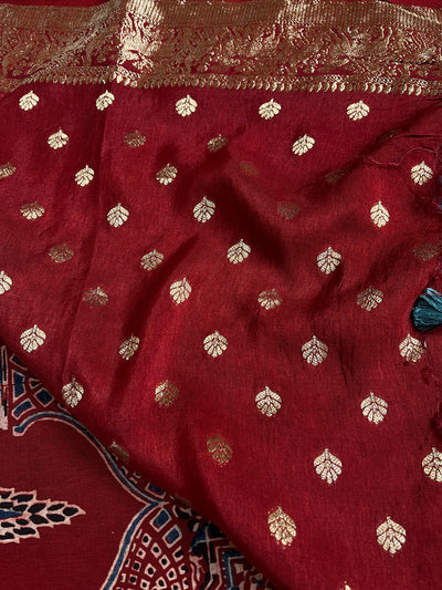 MAIVISH: Handblock Ajrakh Dola Silk Saree with Meenakari Pallu