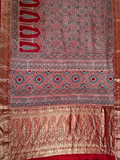 MAIVISH: Handblock Ajrakh Dola Silk Saree with Meenakari Pallu