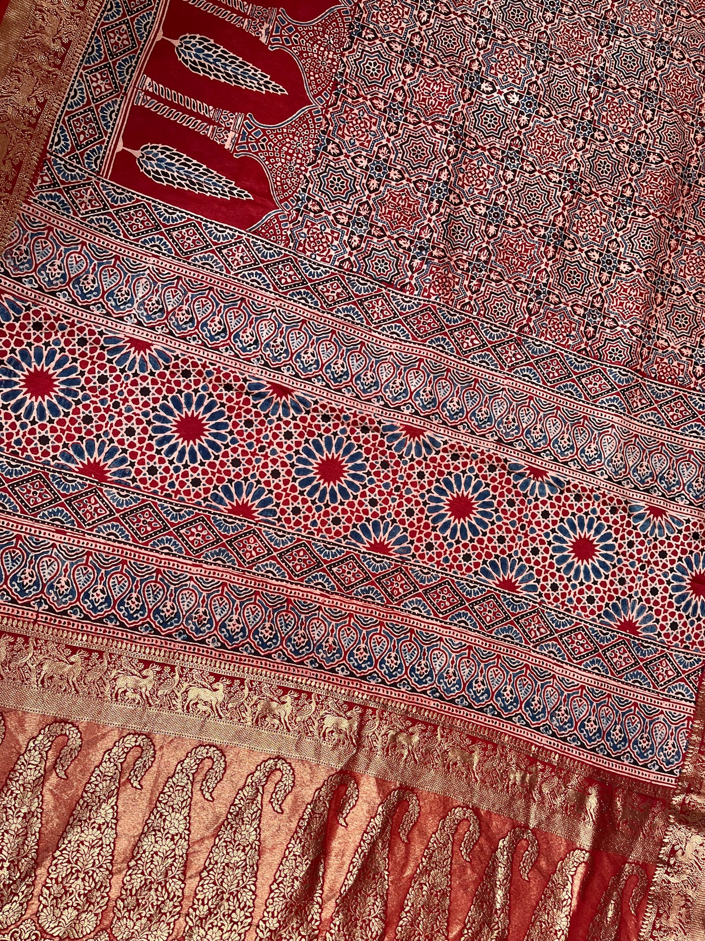 MAIVISH: Handblock Ajrakh Dola Silk Saree with Meenakari Pallu