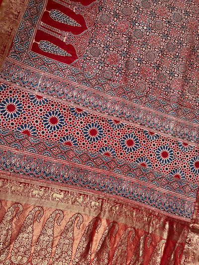 MAIVISH: Handblock Ajrakh Dola Silk Saree with Meenakari Pallu