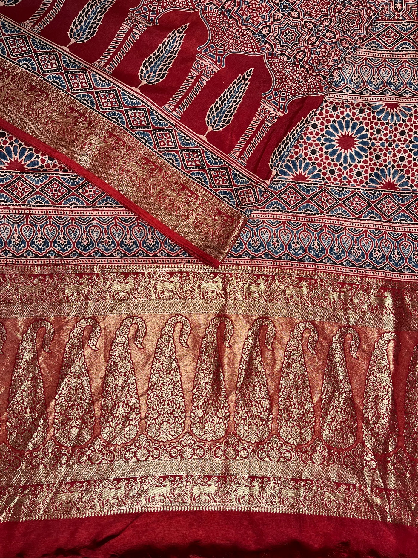 MAIVISH: Handblock Ajrakh Dola Silk Saree with Meenakari Pallu