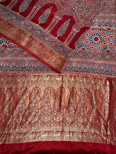 MAIVISH: Handblock Ajrakh Dola Silk Saree with Meenakari Pallu