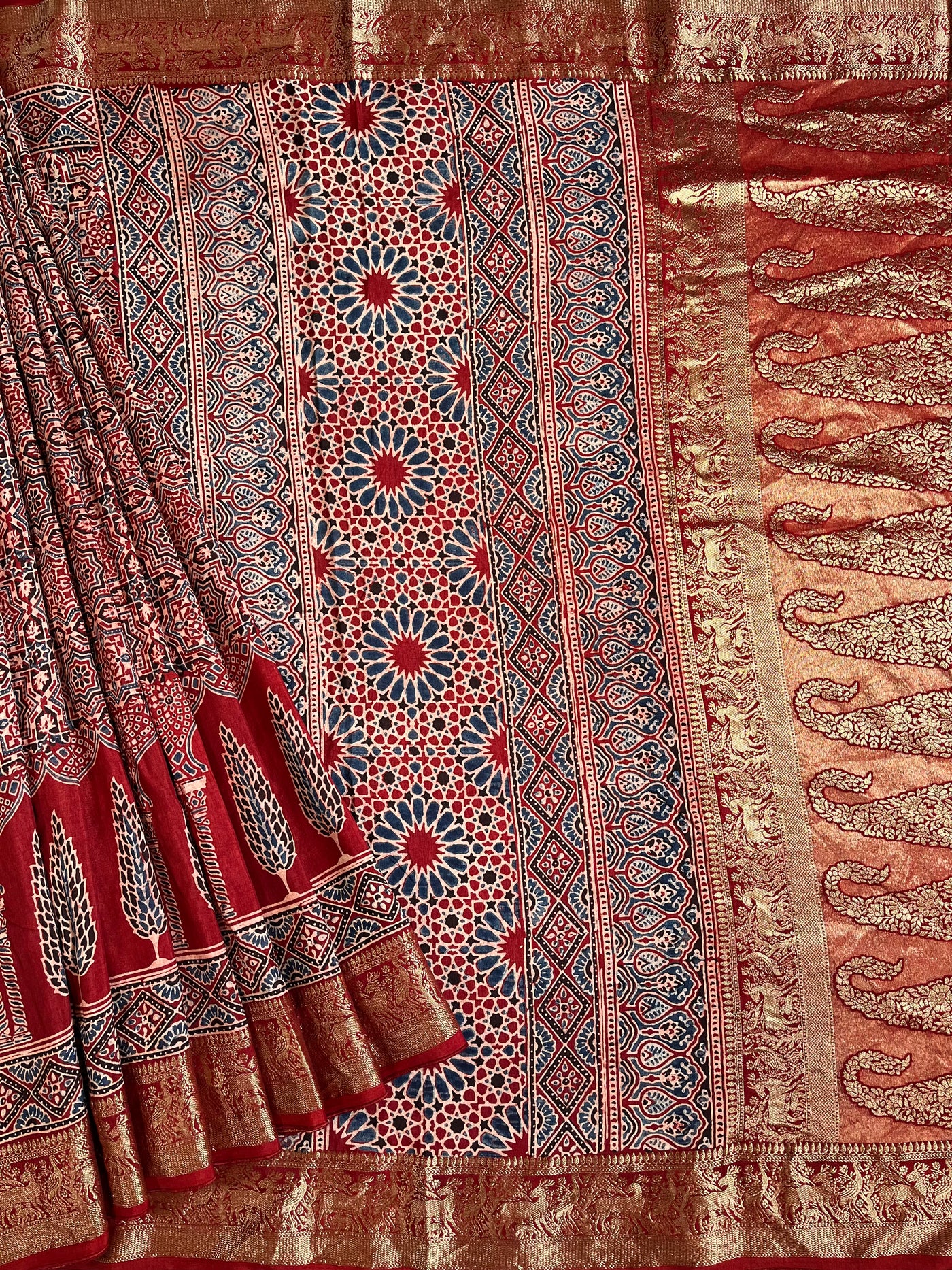 MAIVISH: Handblock Ajrakh Dola Silk Saree with Meenakari Pallu