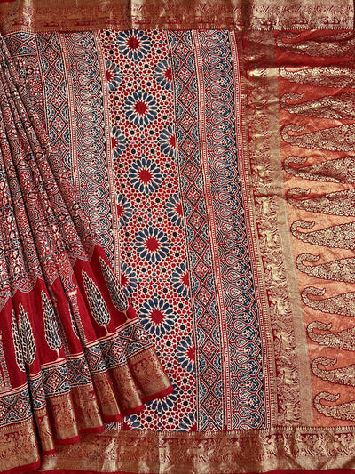 MAIVISH: Handblock Ajrakh Dola Silk Saree with Meenakari Pallu