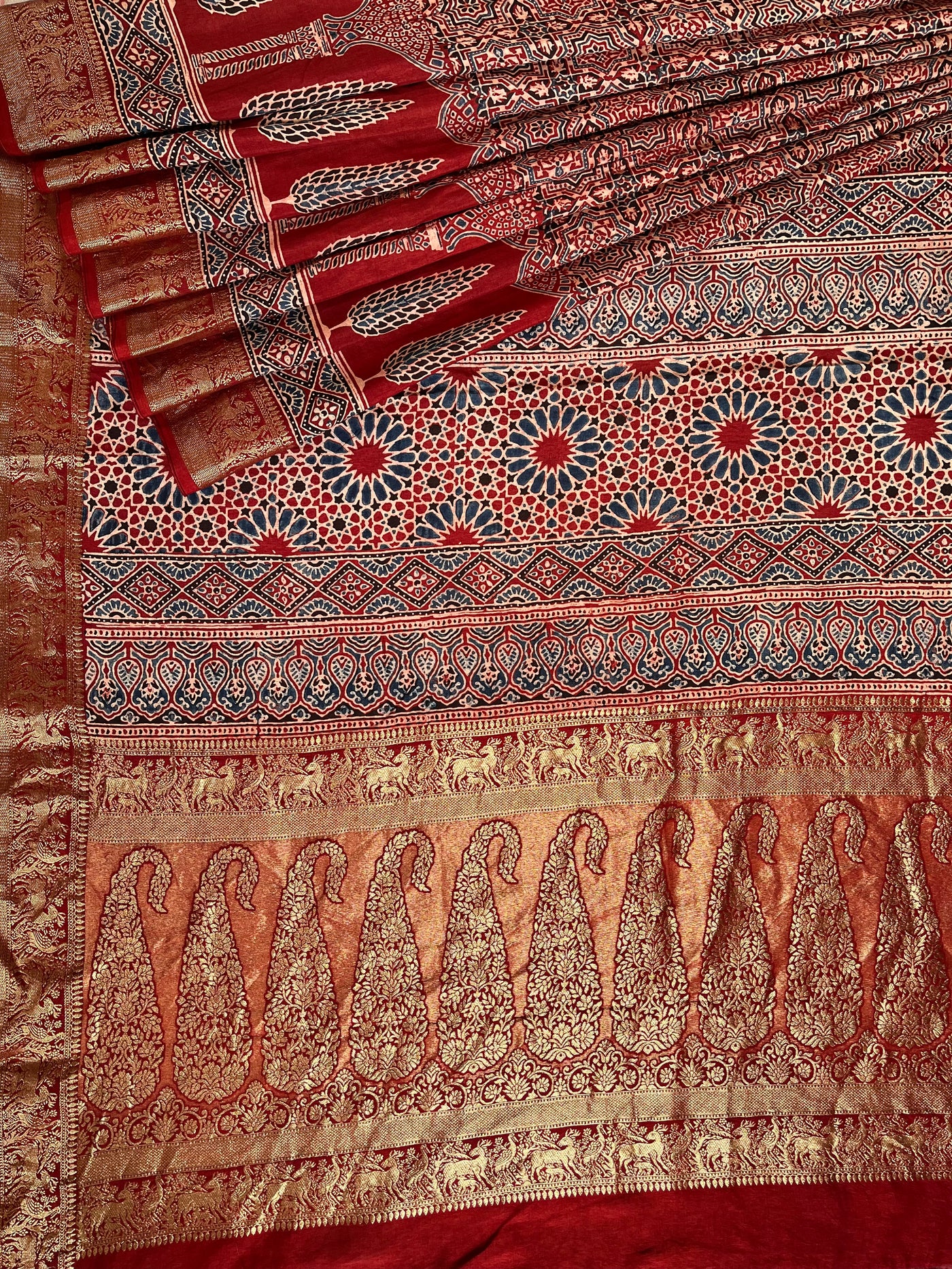 MAIVISH: Handblock Ajrakh Dola Silk Saree with Meenakari Pallu