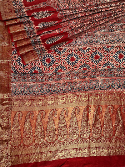 MAIVISH: Handblock Ajrakh Dola Silk Saree with Meenakari Pallu