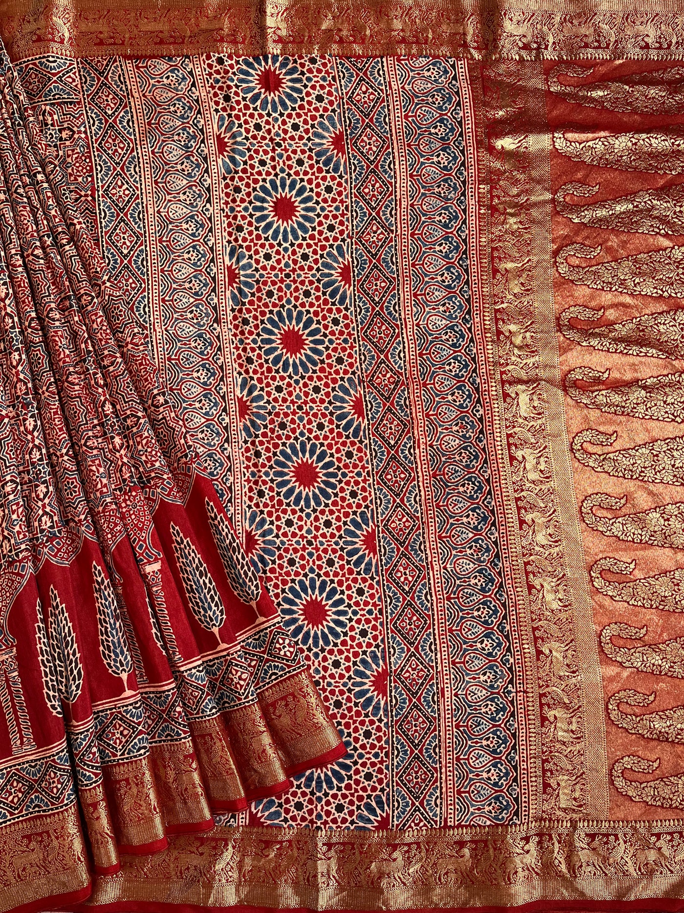 MAIVISH: Handblock Ajrakh Dola Silk Saree with Meenakari Pallu