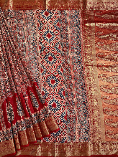 MAIVISH: Handblock Ajrakh Dola Silk Saree with Meenakari Pallu