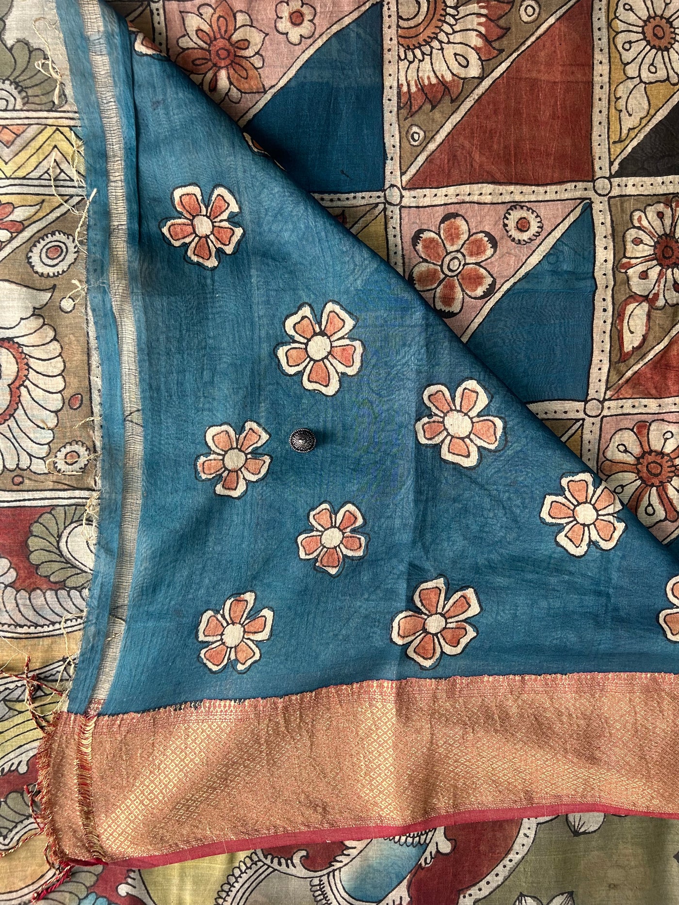 MORNI: Handloom Maheshwari Pen Kalamkari Saree