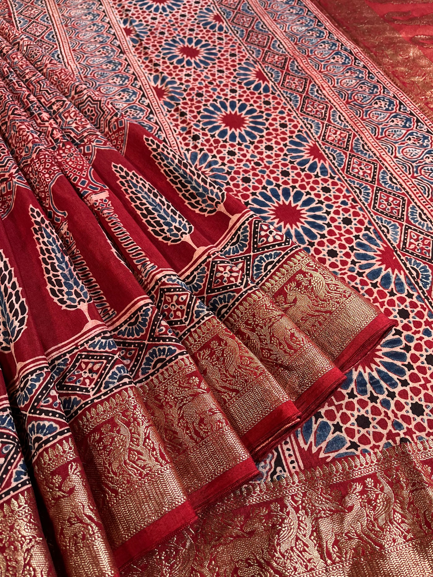 MAIVISH: Handblock Ajrakh Dola Silk Saree with Meenakari Pallu