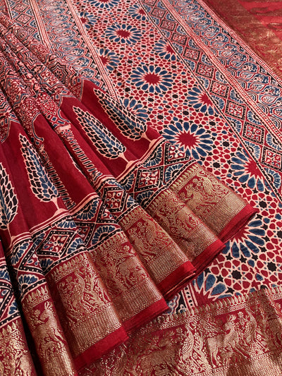 MAIVISH: Handblock Ajrakh Dola Silk Saree with Meenakari Pallu