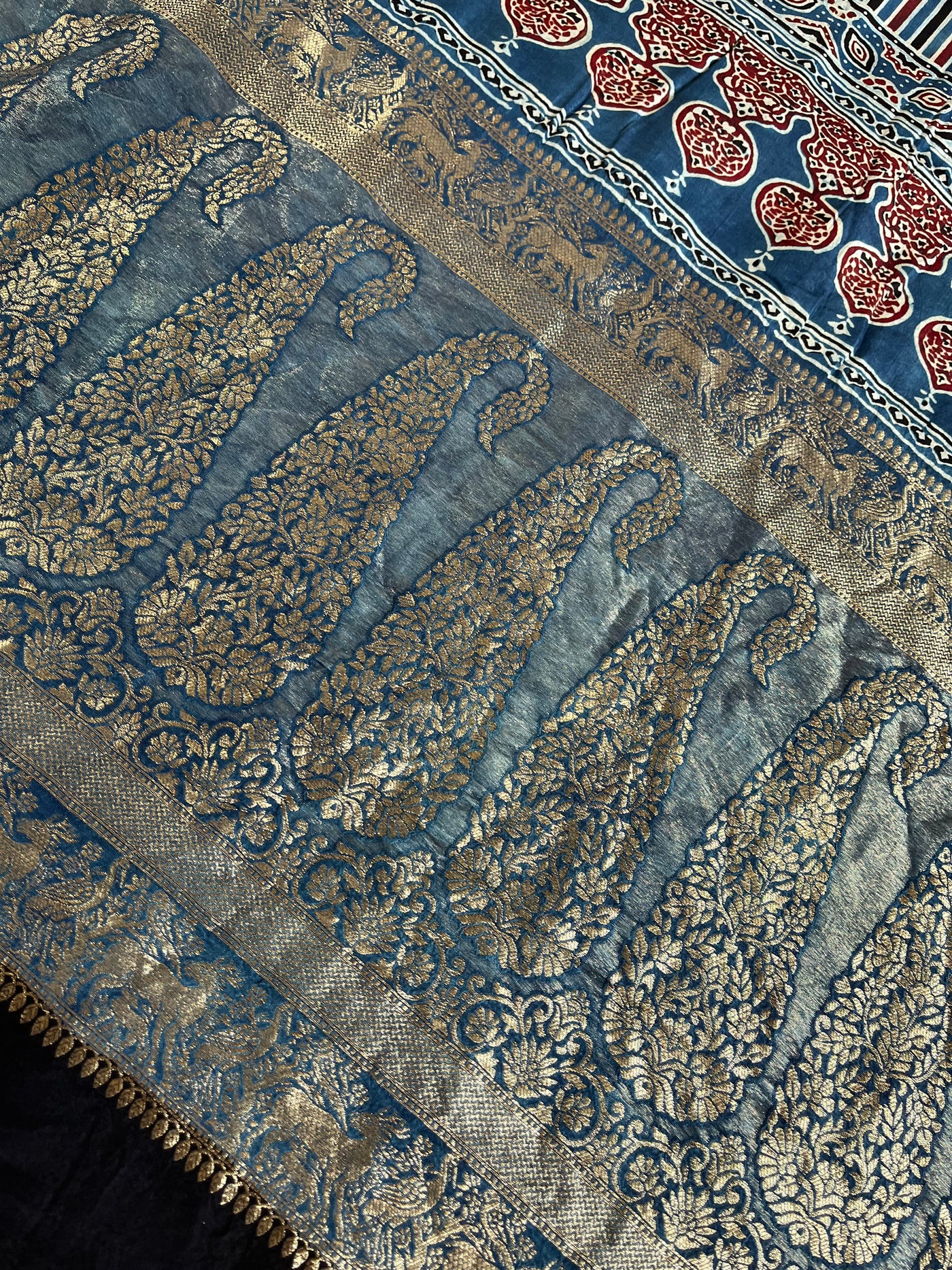 VANDANA: Handblock Ajrakh Dola Silk Saree with Meenakari Pallu