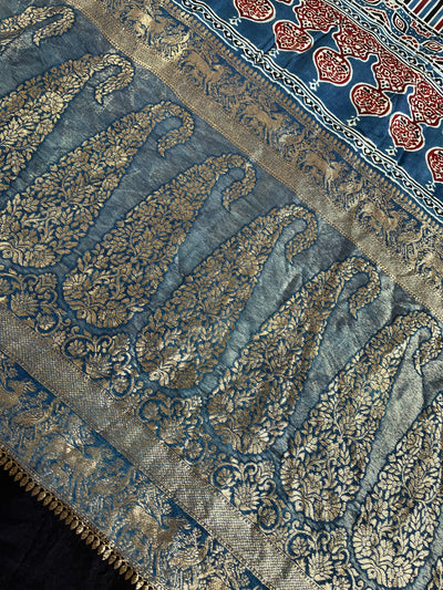 VANDANA: Handblock Ajrakh Dola Silk Saree with Meenakari Pallu