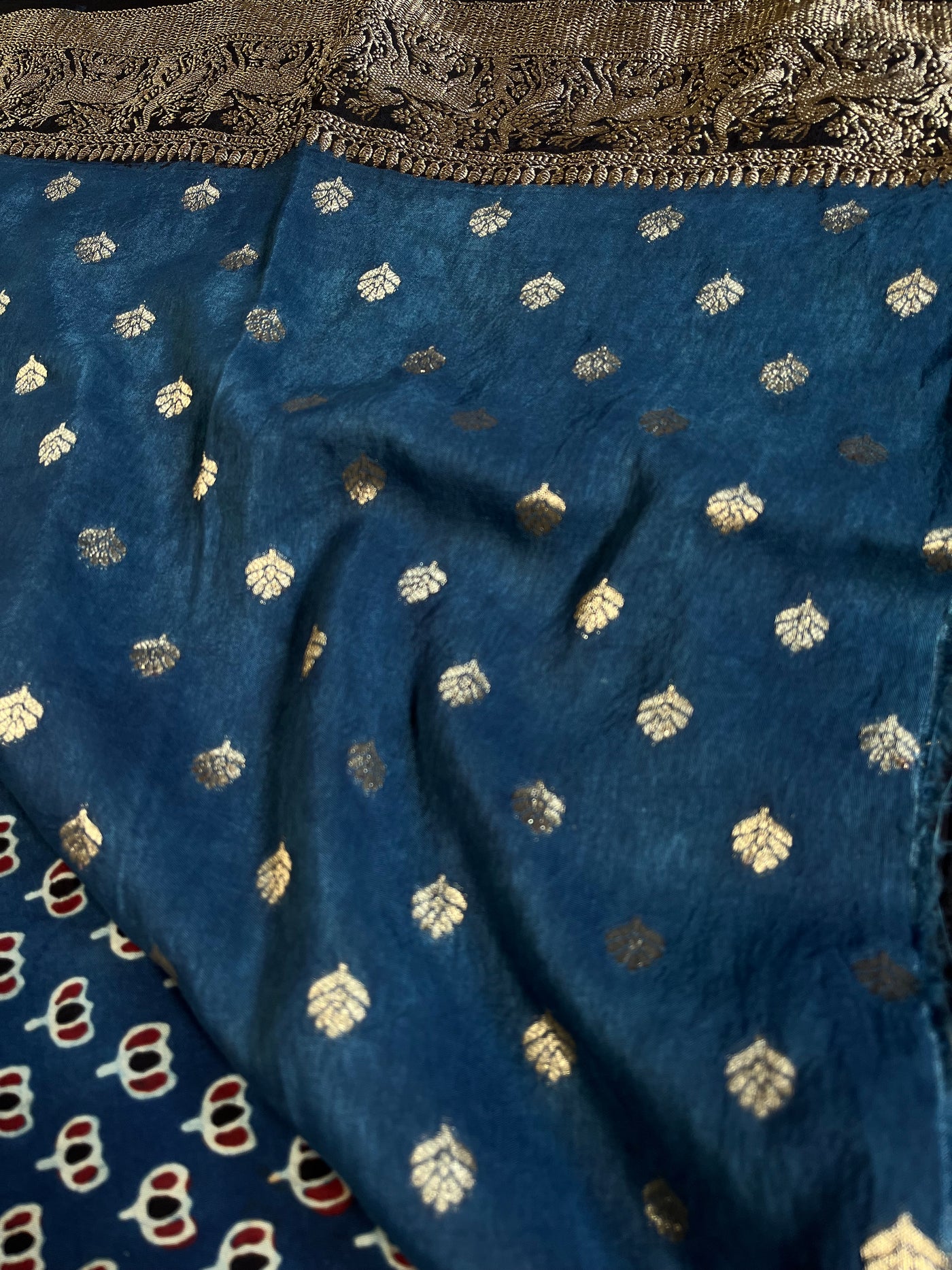 VANDANA: Handblock Ajrakh Dola Silk Saree with Meenakari Pallu