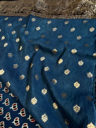 VANDANA: Handblock Ajrakh Dola Silk Saree with Meenakari Pallu