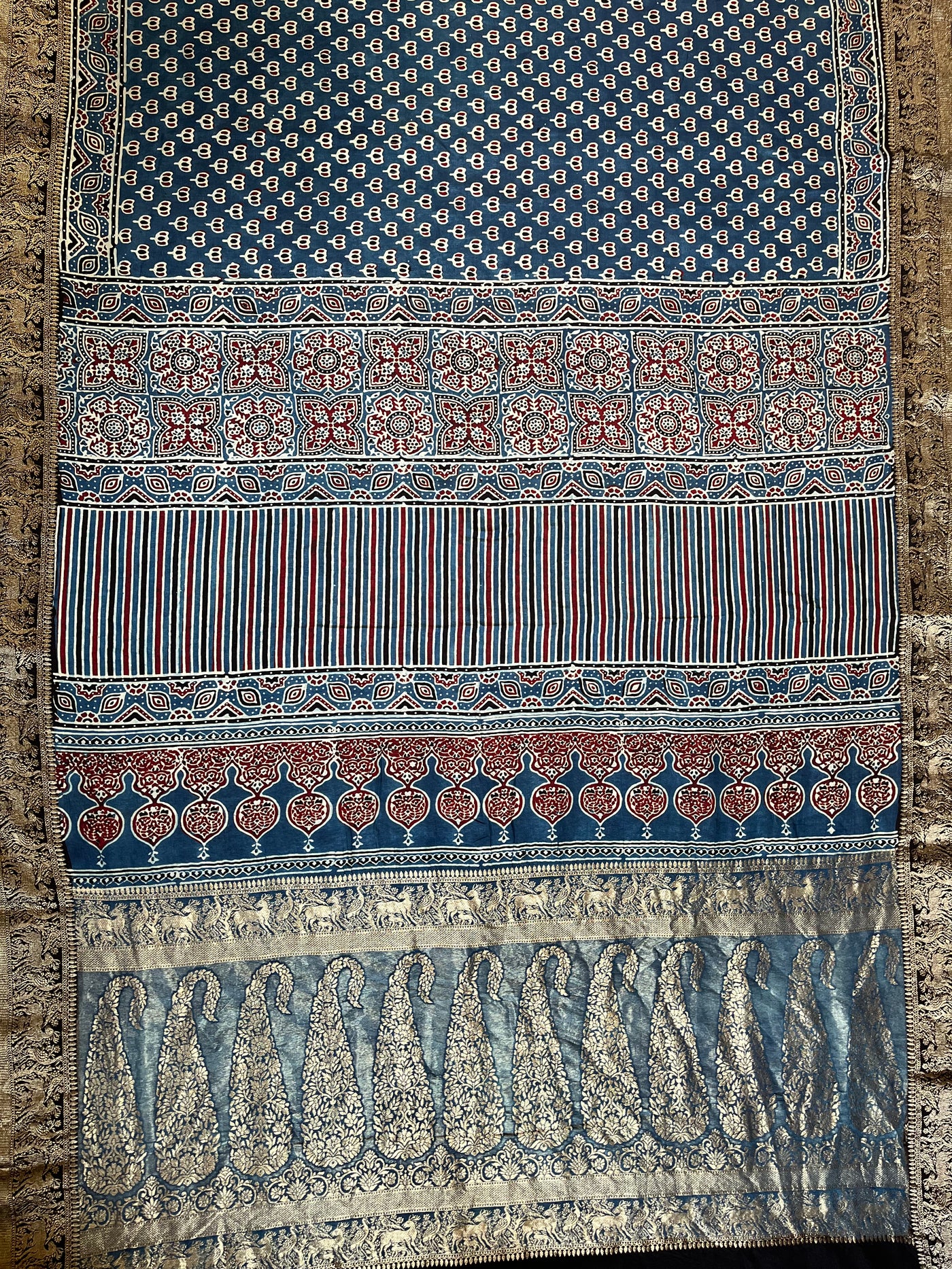 VANDANA: Handblock Ajrakh Dola Silk Saree with Meenakari Pallu