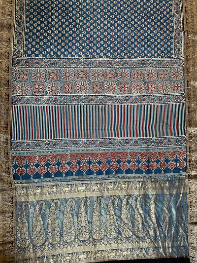 VANDANA: Handblock Ajrakh Dola Silk Saree with Meenakari Pallu