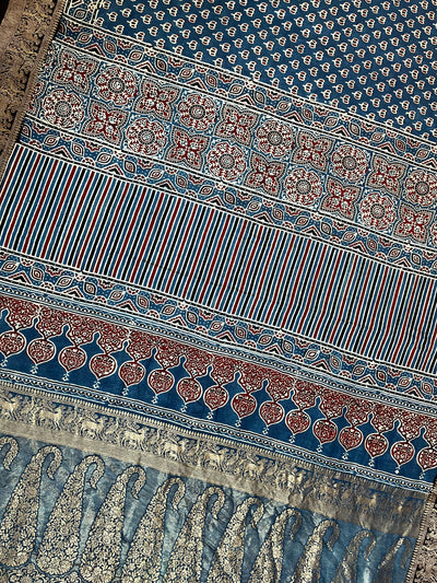 VANDANA: Handblock Ajrakh Dola Silk Saree with Meenakari Pallu