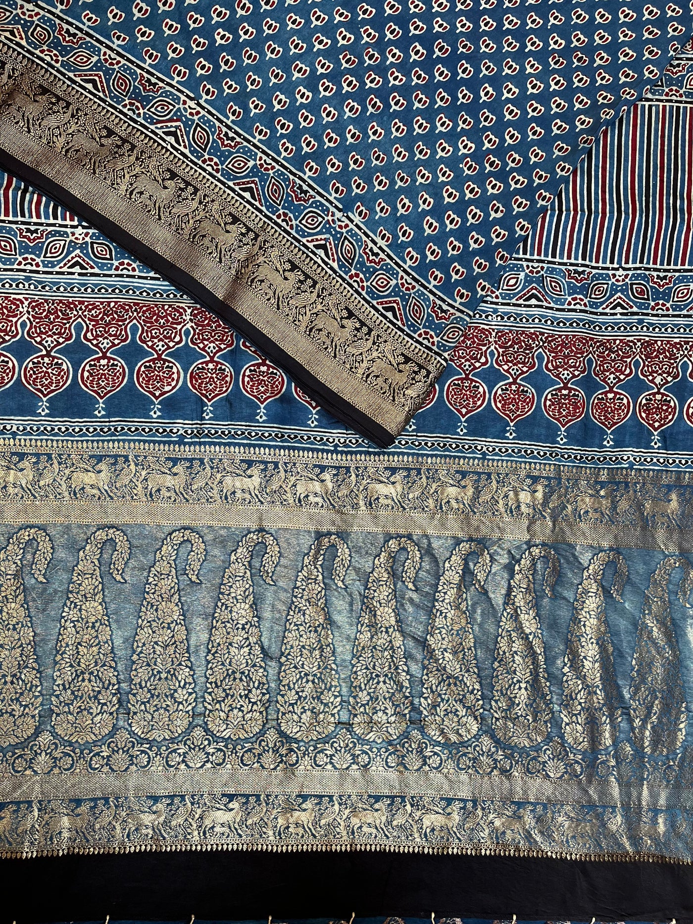 VANDANA: Handblock Ajrakh Dola Silk Saree with Meenakari Pallu